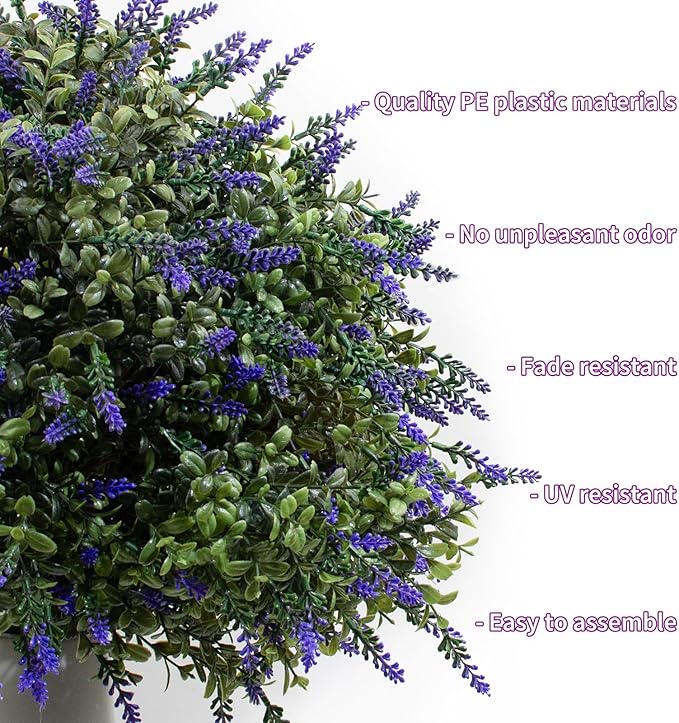 Set of 2 Artificial Lavender Boxwood Topiary Ball Trees with Ground Spike, 27.5" UV Resistant Faux Evergreen Shrubs, Purple Green Fake Bushes for Indoor Outdoor Front Porch Garden Patio Yard Decor