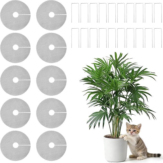 10Pcs 15.7 Inch Plant Pot Grids with 20 U-Shaped Nails, Cuttable Soil Cover Protector Cats, Animals Digging Stopper, Indoor Plant Pot Soil Guard for Outdoor Garden Balcony