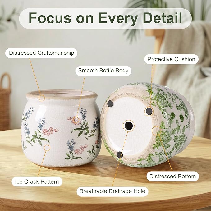 DREAMLOOM Vintage Ceramic Planter for Indoor Plants,6.1" Ice Crack Cottage Scroll Vase Tuscan Decor Flower Pots with Drainage Holes Home Kitchen Farmhouse Antique Decorative Gift (Red-Round)