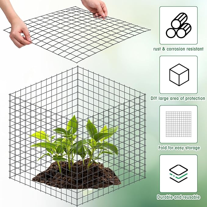 Zubebe 10 Pack Small Wire Plant Protectors Square Plant Protectors from Animals Mesh Cage Chicken Wire Cloche for Shrubs with Ground Stakes and Nylon Ties(Thickness 2mm,Dark Green)