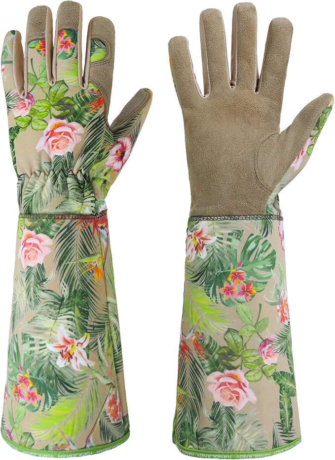 HANDLANDY Leather Gardening Gloves for Women, Scratch Resistant Breathable Ladies Rose Pruning Garden Gauntlet Yard Gloves, Gift for Gardeners (Khaki, M)