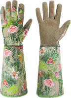 HANDLANDY Leather Gardening Gloves for Women, Scratch Resistant Breathable Ladies Rose Pruning Garden Gauntlet Yard Gloves, Gift for Gardeners (Khaki, L)