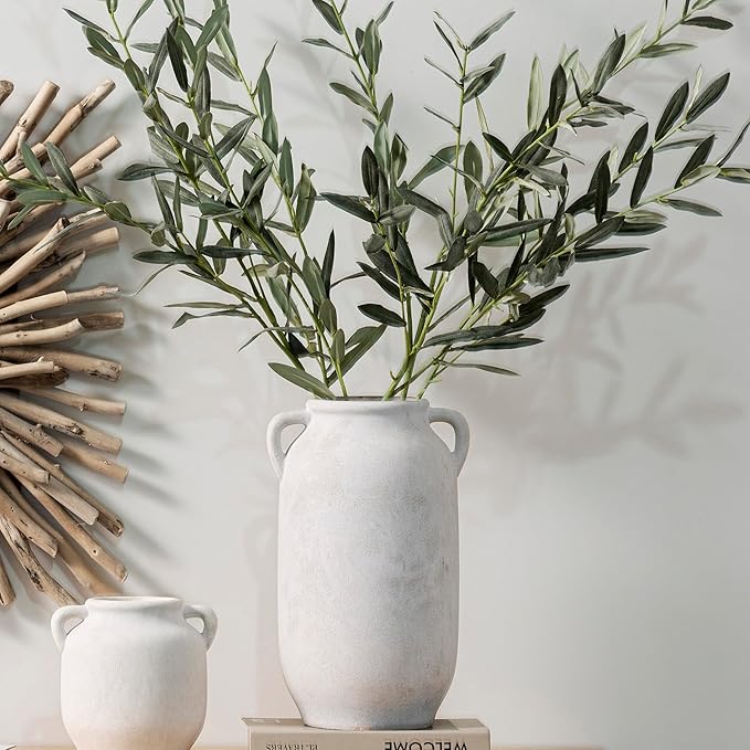 Ceramic Flower Vase Home Decor - 6 Inch Farmhouse Rustic White Table Vases with Handle Living Room Decoration Decorative Vintage Pottery for Kitchen Shelf Coffee Dining Desk Bookshelf Fireplace