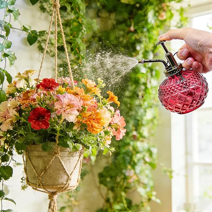 OFFIDIX Plant Mister Spray Bottle,Glass Decorative 300ML Vintage Watering Small Indoor Watering Can with Plastic Pump for Indoor Plants,Garden,Cleaning（Amaranth）
