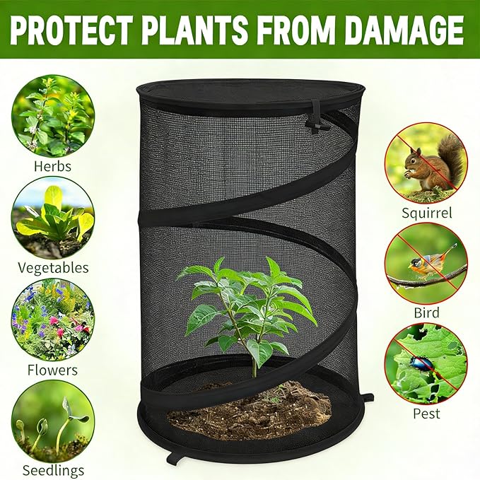2 Pcs Pop Up Mesh Plant Protectors, 21 x 13 Foldable Garden Cover, Specifically Designed for Outdoor Vegetables, Seedlings & Flowers, Animal Barrier Cloches with Stakes (Black)