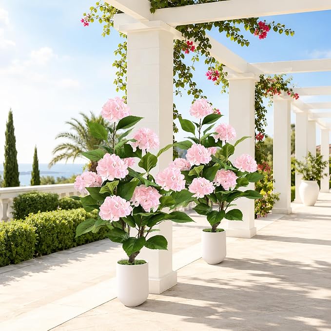 3FT Artificial Hydrangea Tree 2 Pack, Realistic Faux Hydrangea Plants in Pot with Pink Flowers, Lifelike Faux Greenery Home Indoor Outdoor Front Porch Garden or Wedding, Pink