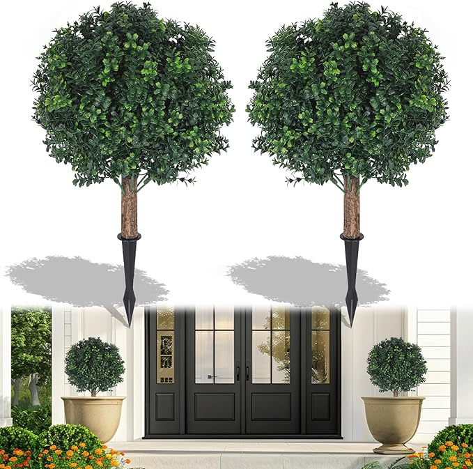 Shinoske 23" Boxwood Topiary Balls Tree Artificial Outdoor,Set of 2 Outdoor Fake Bushes Plant with Ground Spike,UV Resistant Artificial Plants for Garden,Porch,Yard,Balcony Decor