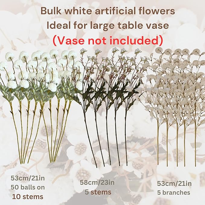 20pcs White Artificial Flowers Bulk For Vase That Look Real, White Flower Centerpiece For Table, Silk Floral Home Decor Indoor, Faux Kiku + Eucalyptus Stems + Wildflowers, Flores Blancas Artificiales