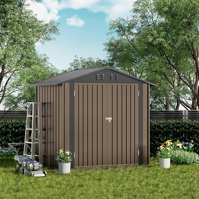 COMHOMA Shed Outdoor Storage Shed Metal,Lockable Doors Tool Sheds with Sloping Roof,Steel Garden Shed with Air Vent for Backyard,Patio,Lawn,Poolside(Brown,6'x4')
