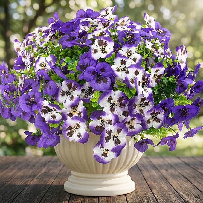 Rowfad 36 Pcs Artificial Fake Pansy Flowers for Outdoor, Faux UV Resistant Silk Pansies Flowers for Outside Planter Front Door Porch Yard Patio Window Box Home Decor (36, Lavender)