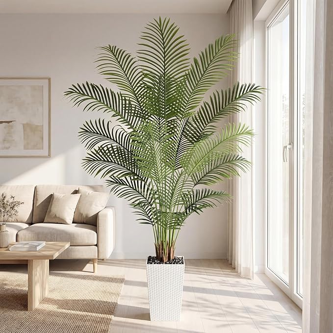7ft Artificial Palm Tree with White Planter - Tall Fake Palm Tree Indoor Fake Tropical Plant for Home Office Living Room Bedroom Modern Decor