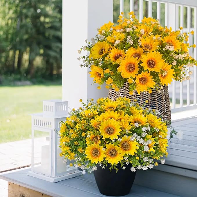 Artificial Sunflowers Faux Flowers Plants for Spring Outdoor UV Resistant, Fake Silk Realistic Yellow Sun Flowers for Easter Outside Porch Planters Patio Home Decoration, 8 Bundles