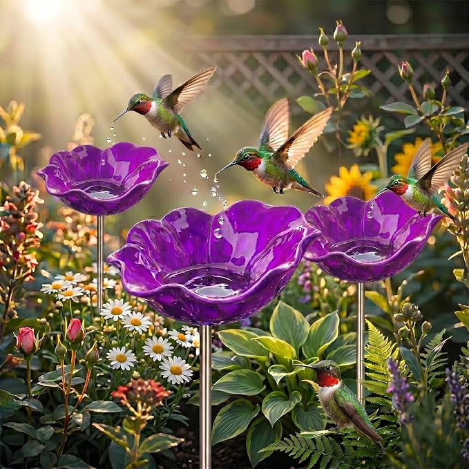 24" Handmade Metal Flower Garden Stake Bird Bath - Detachable Anti-Slip Bee Watering Station & Butterfly Puddler - Rustic Outdoor Art, Garden Gift for Bird Watchers, Mom & Seniors (Purple 3pcs)
