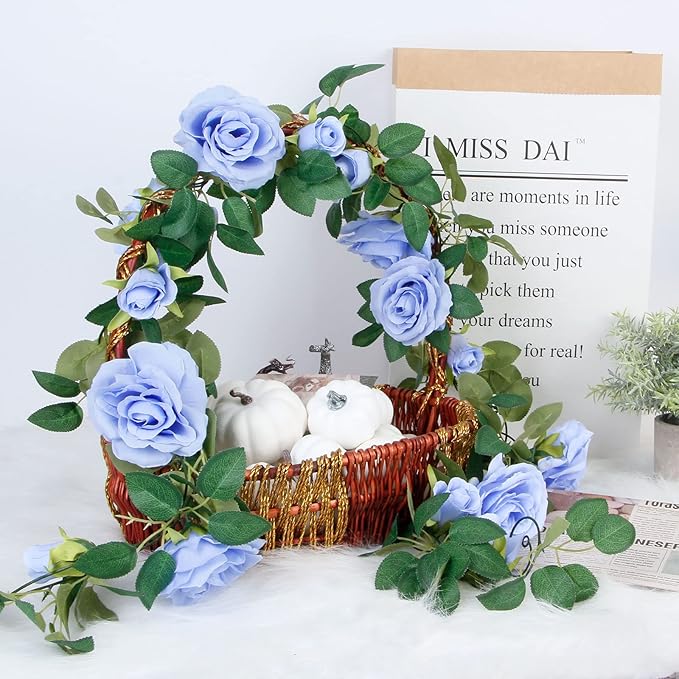 TELDRASSIL 4Pcs(26 FT) Artificial Rose Vine Fake Flower Garland Fake Silk Rose Hanging Vine for Wedding Party Background Arch Garden Background Decoration (Blue)