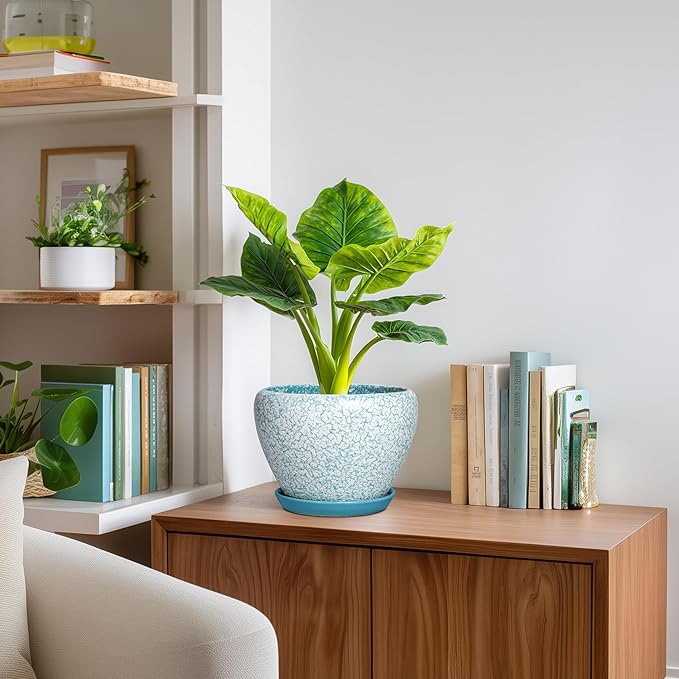 Ceramic Plant Pots - 8 Inch Indoor Plant Pots with Drainage Hole and Tray, Decorative Round Planters for Outdoor Plants, Indoor Plant Pot, Home Decor, Gifts for Men Women, Crackle Blue