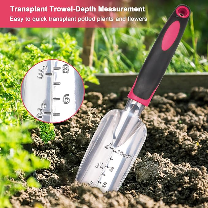 Garden Tools Set, 3 Pack Heavy Duty Gardening Tools Set Include Garden Shovel, Transplant Trowel and Hand Rake with Ergonomic Handle, Aluminum Alloy Lawn for Planting Tools, Red