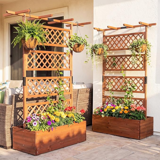 Giantex Raised Garden Bed with Trellis 2 Pack, 72'' Wooden Planter Box Outdoor w/Privacy Screen Roof, Large Vertical Garden Planter w/Drainage Holes for Climbing Plants, Patio Balcony Backyard