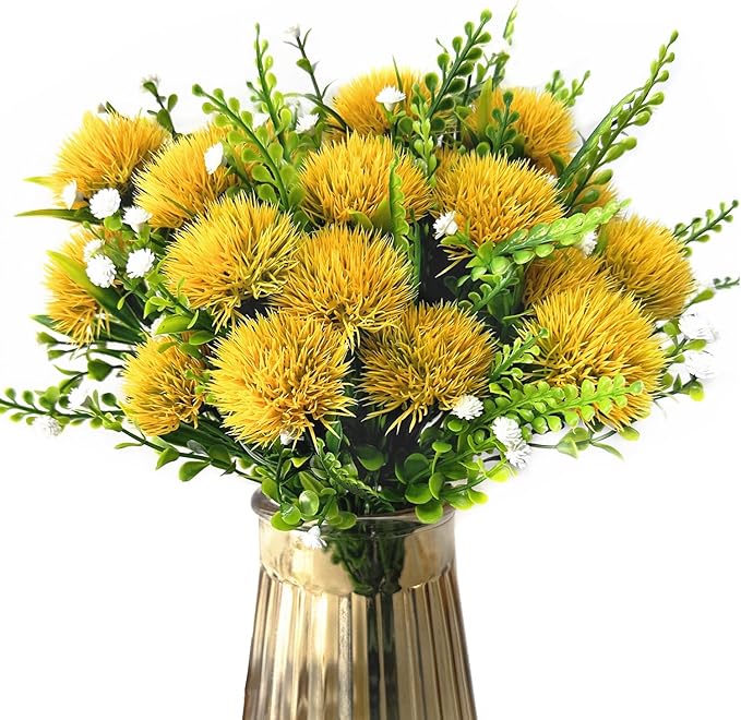 CATTREE Artificial Dandelion Plants, Plastic Flowers Shrubs Bushes Fake Grass Wedding Indoor Outdoor Home Garden Verandah Centerpieces Arrangements Party Decoration Planting Filler - Yellow 4 Pack