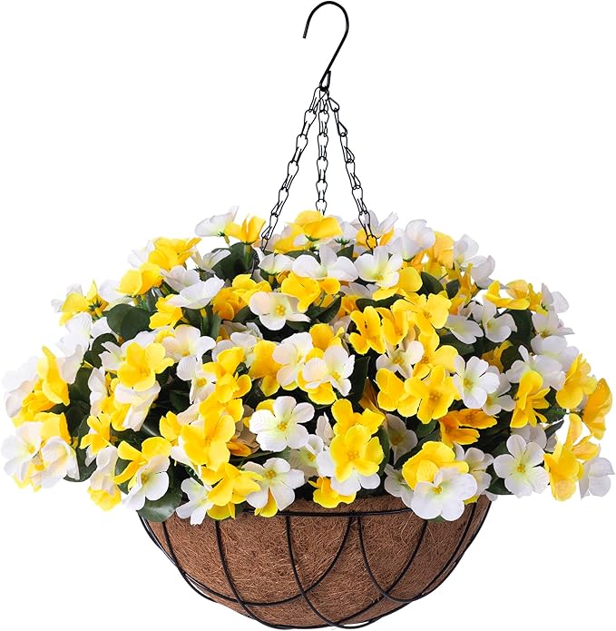 INXUGAO Artificial Hanging Flowers with Basket for Outdoor, Fake Hydrangea UV Resistant Arrangements in Pot Planter Spring Summer Decor for Porch Garden Yard(Yellow White)