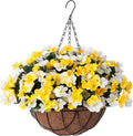 INXUGAO Artificial Hanging Flowers with Basket for Outdoor, Fake Hydrangea UV Resistant Arrangements in Pot Planter Spring Summer Decor for Porch Garden Yard(Yellow White)