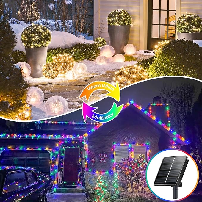 Warm White and Multicolor Color Changing Solar String Lights for Outside, 2 Pack 400LED Solar Fairy Lights Outdoor Waterproof, Copper Wire with 8 Modes Solar Twinkle Lights for Tree Garden Yard Party