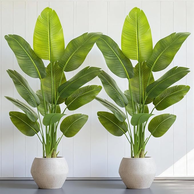 Lifelike Bird of Paradise Artificial Plant,5ft Faux Banana Leaf Tree with 10 Trunks - Perfect Indoor Silk Floor Plant for Home Decor in Living Room, Office, and Bedroom (Set of 2)