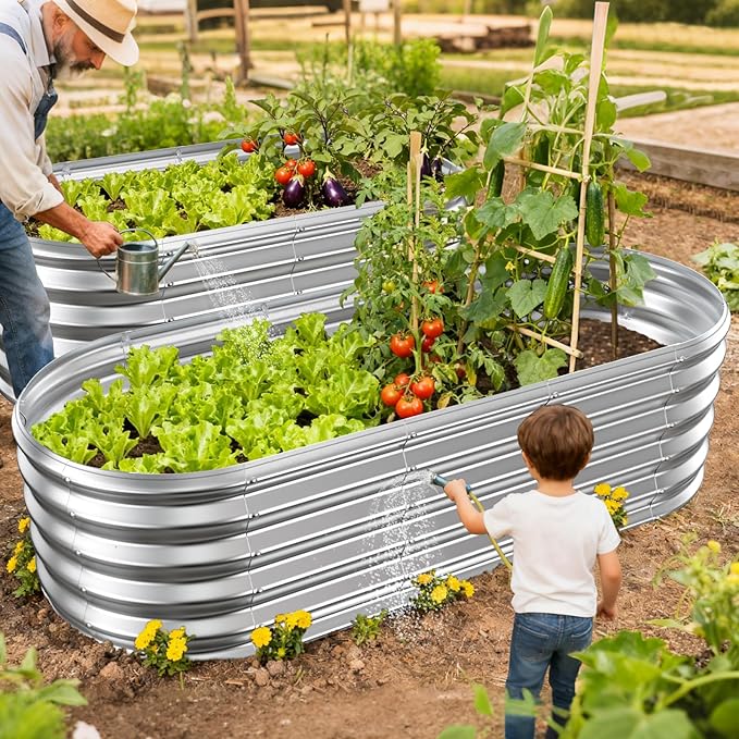 YSEJOMP 17" Tall Outdoor Garden Raised Garden Bed Kits, 5ft X 2ft Oval,0.8MM Thick Metal Raised Planter Bed/Ground Planter Box for Variety of Flowers,Herbs,Vegetables (Silver, 60X24X16.5 Inches)