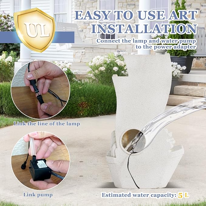 Grepatio Outdoor Cascading Water Fountain, Waterfall Fountain with LED Lights, Sailboat and Waterwheel Look Fountains and Waterfalls for Garden or Patio, Yard, and Deck Decor