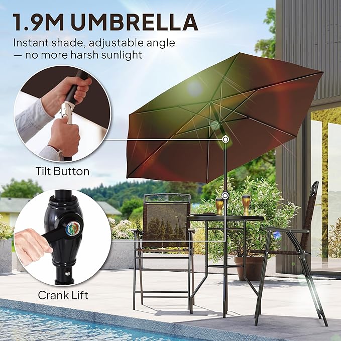 Outsunny 4 Piece Outdoor Bar Set with Umbrella, Patio Dining Set with 2 Folding Chairs, Wave Textured Tempered Glass Table for Backyard, Garden, Deck, Poolside, Brown