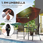 Outsunny 4 Piece Outdoor Bar Set with Umbrella, Patio Dining Set with 2 Folding Chairs, Wave Textured Tempered Glass Table for Backyard, Garden, Deck, Poolside, Brown