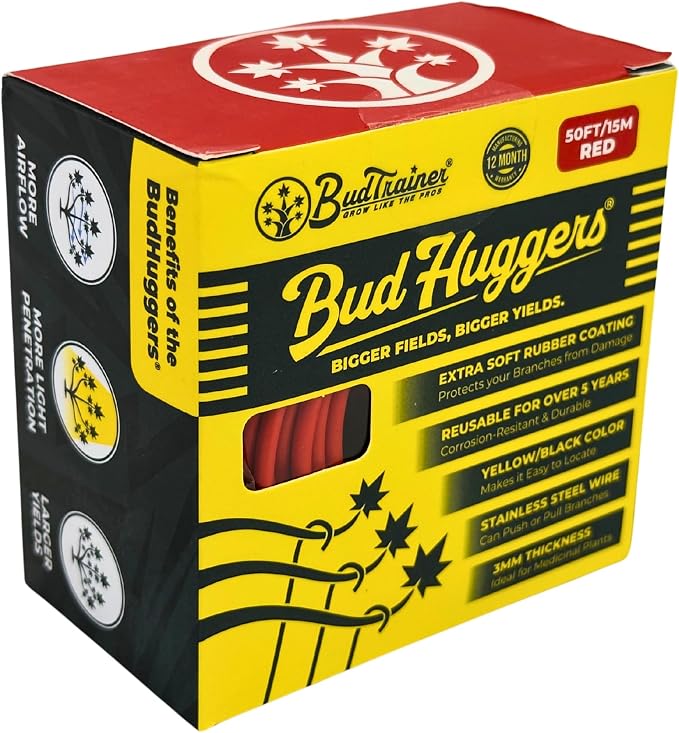 BudHuggers (Red) for Optimal Plant Training | 50ft (15M) | 3mm Thick Garden Wire Ties | Flexible & Durable | Rubber Plant Ties to Yield Bigger Buds, Stronger Branches & Larger Canopies