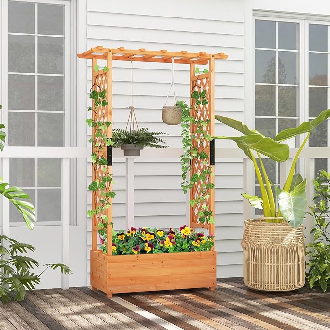 HAPPYGRILL 72" Raised Garden Bed with Trellis, 2 Pack Freestanding Wood Planter Box w/Hanging Roof & 2 Drainage Holes for Vine Climbing Plants Flowers, Outdoor Planter w/Trellis for Garden Patio