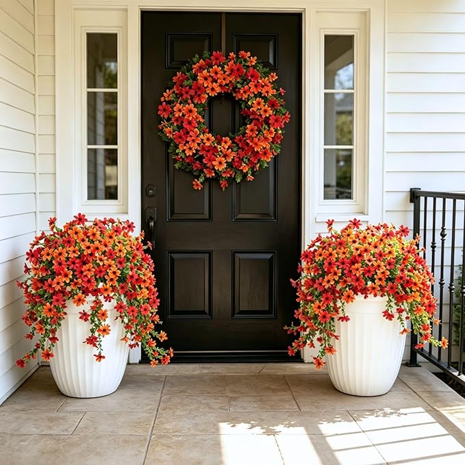 Fake Artificial Hanging Flowers for Outdoors Fake Plants Decoration, 2 Bundles Faux Silk Colorful Daisy Eucalyptus Realistic UV Resistant for Outside Home Planter Porch Patio Yard Decor(Red Orange)