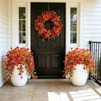 Fake Artificial Hanging Flowers for Outdoors Fake Plants Decoration, 2 Bundles Faux Silk Colorful Daisy Eucalyptus Realistic UV Resistant for Outside Home Planter Porch Patio Yard Decor(Red Orange)