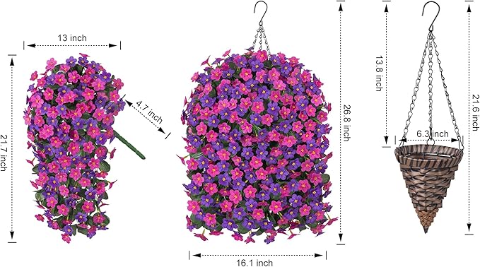 Artificial Flowers Baskets for Outdoor Decoration, Fake Hanging Plants Silk Dark Purple Fuchsia Daisy Mums Trailing Vines in Planter Realistic UV Resistant for Balcony Porch Decor