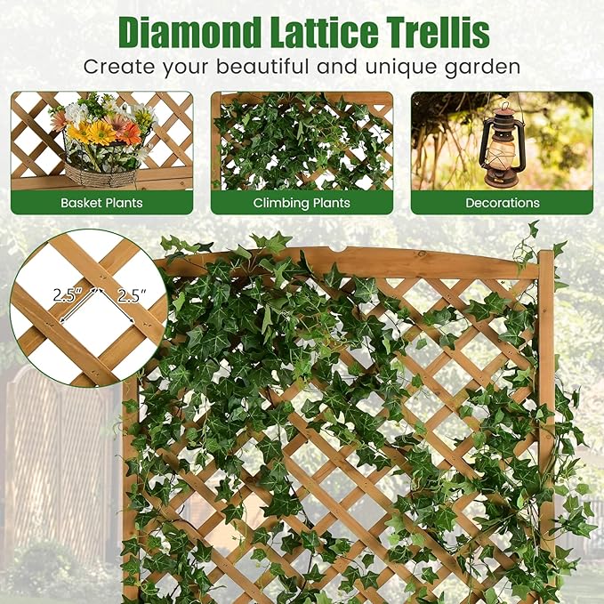 HAPPYGRILL 2 Pcs Raised Garden Bed, 71" Wooden Planter Box with Trellis, Drainage Holes, Freestanding Elevated Garden Bed for Vine Climbing Plants (Yellow)