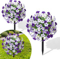 23" Artificial Boxwood Topiary Ball Trees with Petunias Flowers, Set of 2 Faux Outdoor Plants with Ground Spike for Outdoors, UV Resistant Fake Flowers for Outdoor Garden Yard Front Porch Patio Decor
