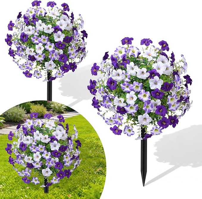 23" Artificial Boxwood Topiary Ball Trees with Petunias Flowers, Set of 2 Faux Outdoor Plants with Ground Spike for Outdoors, UV Resistant Fake Flowers for Outdoor Garden Yard Front Porch Patio Decor