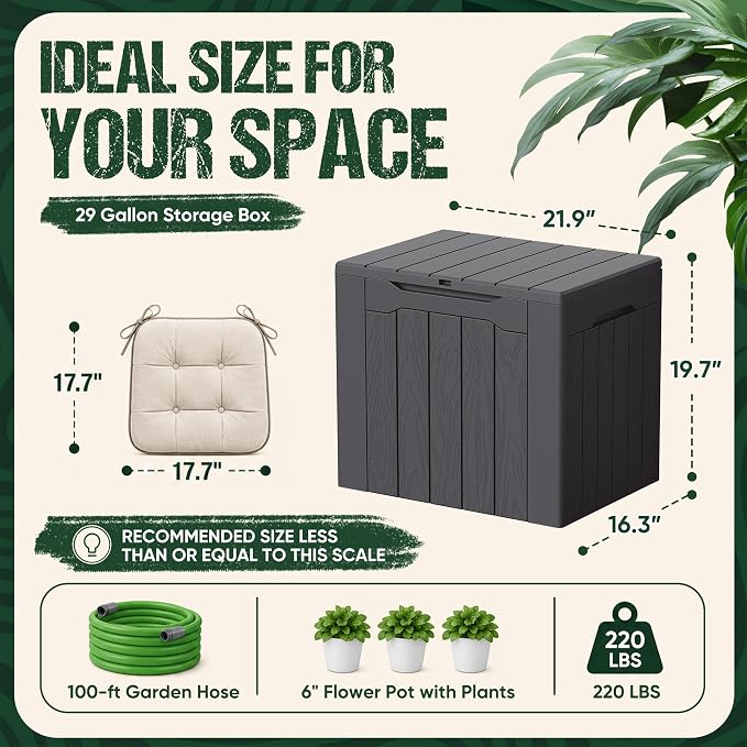 Devoko 29 Gallon Waterproof Outdoor Storage Box Resin Deck Box Lockable and UV Resistant for Patio Furniture, Garden Tools (Gray, 29 Gallon)