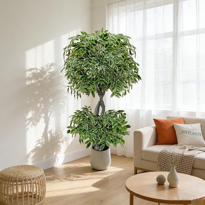 5FT Artificial Ficus Tree Indoor Outdoor, Fake Plants Indoor with White Pot, Realistic White-Edged Leaves Potted Tree for Home Office Decor
