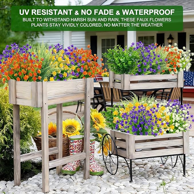 TURNMEON 20 Bundles Artificial Flowers for Outdoors, Spring Grass Camellia Fake Flowers Fern Plants Eucalyptus UV Resistant No Fade Greenery for Garden Porch Indoor Cemetery Summer Decor(Mix 6 Styles)