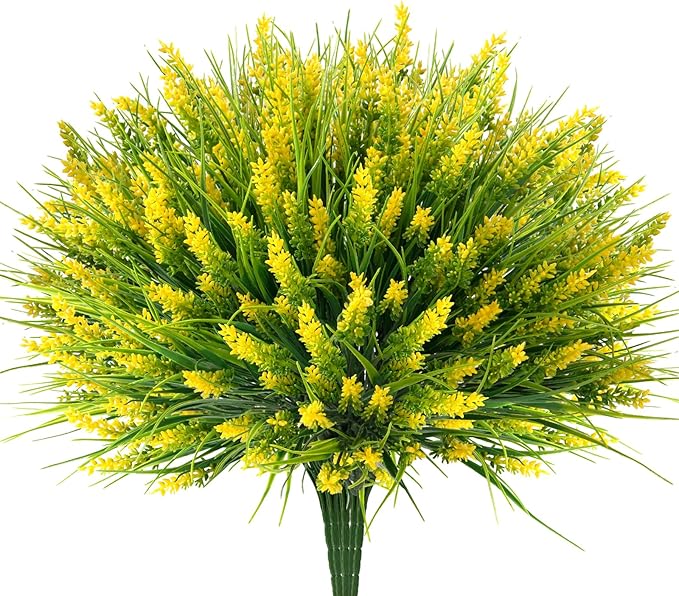 20 Bundles Artificial Plants Outdoor, UV Resistant Fake Flowers， Realistic Faux Lavender Shrubs for Porch Garden Window Box Home Decoration (Yellow)