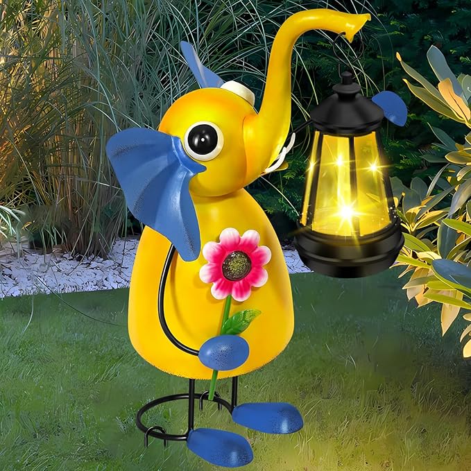 Solar Outdoor Garden Decor Elephant Statue Lights, 14" Metal Elephant with Solar Garden Lights for Outdoor, Yard, Patio Decor, Unique Birthday Gifts for Women Mom Grandma Cute Housewarming Gifts