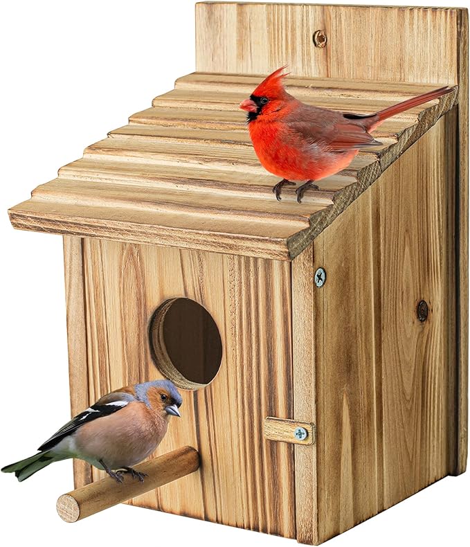 NATUREYLWL Wooden Bird House for Outside, Hanging Natural Wood Birdhouse with Perch, 1.57" Entrance & Side Clean-Out Door for Bluebirds, Wrens and Finches, Garden Decor