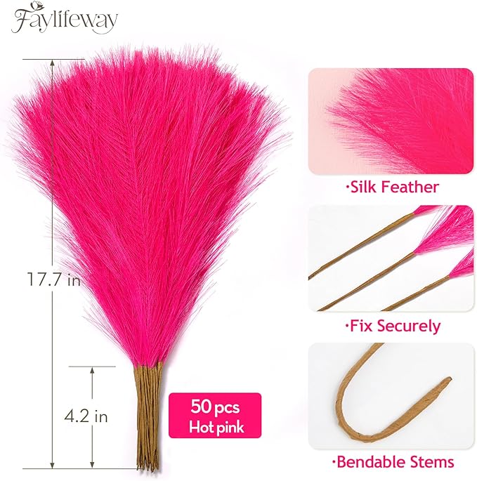 50 PCS Hot Pink Pampas Grass, 17in Pampas Grass Decor, Artificial Pompas Wall Decor for Vase Room Bedroom Kitchen Table Wedding Party Birthday Baby Showers（Hot Pink）
