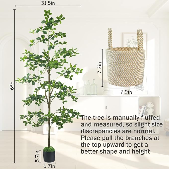 Artificial Black Olive Tree 6FT, Fake Potted Tree for Indoor Outdoor, Lifelike Faux Floor Plants with Moss Topper and Cotton Basket, Home Office Living Room Bedroom Doorway Hallway Decor
