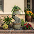 Outdoor Water Feature Patio Fountain with LED Lights, 31.9" Resin Garden Waterfall Fountain Outdoor, Modern S-Shaped Bowl Design Water Feature for Porch, Garden, Yard, Home Decor, Grey