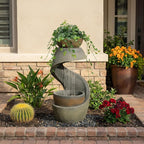 Outdoor Water Feature Patio Fountain with LED Lights, 31.9" Resin Garden Waterfall Fountain Outdoor, Modern S-Shaped Bowl Design Water Feature for Porch, Garden, Yard, Home Decor, Grey