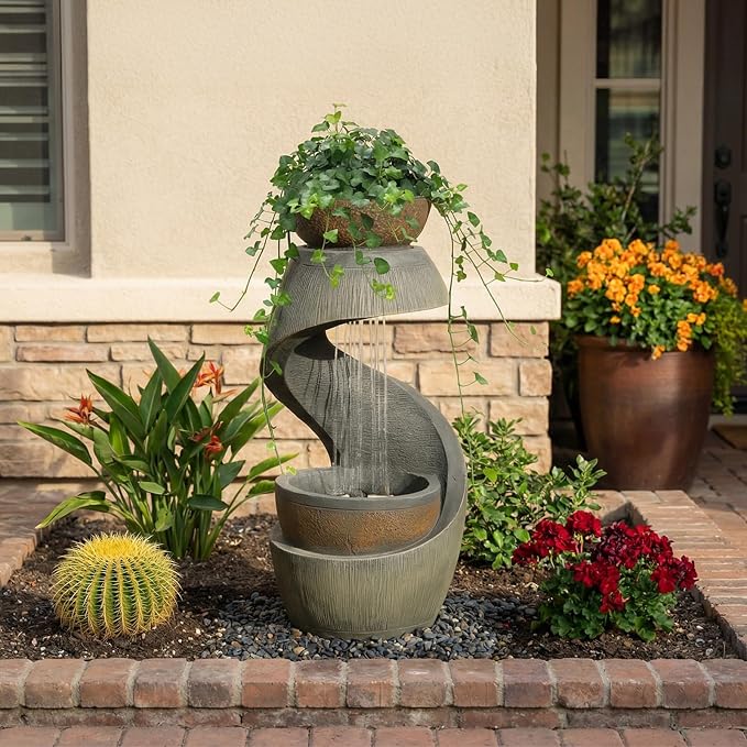 Outdoor Water Feature Patio Fountain with LED Lights, 31.9" Resin Garden Waterfall Fountain Outdoor, Modern S-Shaped Bowl Design Water Feature for Porch, Garden, Yard, Home Decor, Grey