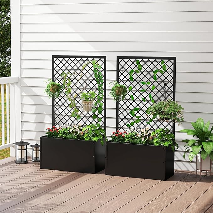 kinbor Planter with Trellis - Set of 2 Planter Boxes Outdoor, Metal Raised Garden Bed with Lattice Trellis for Climbing Plants, Black Flower Boxes Outdoor
